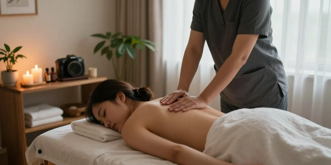 청라출장안마 massage therapy session in a tranquil home setting with candles and essential oils.