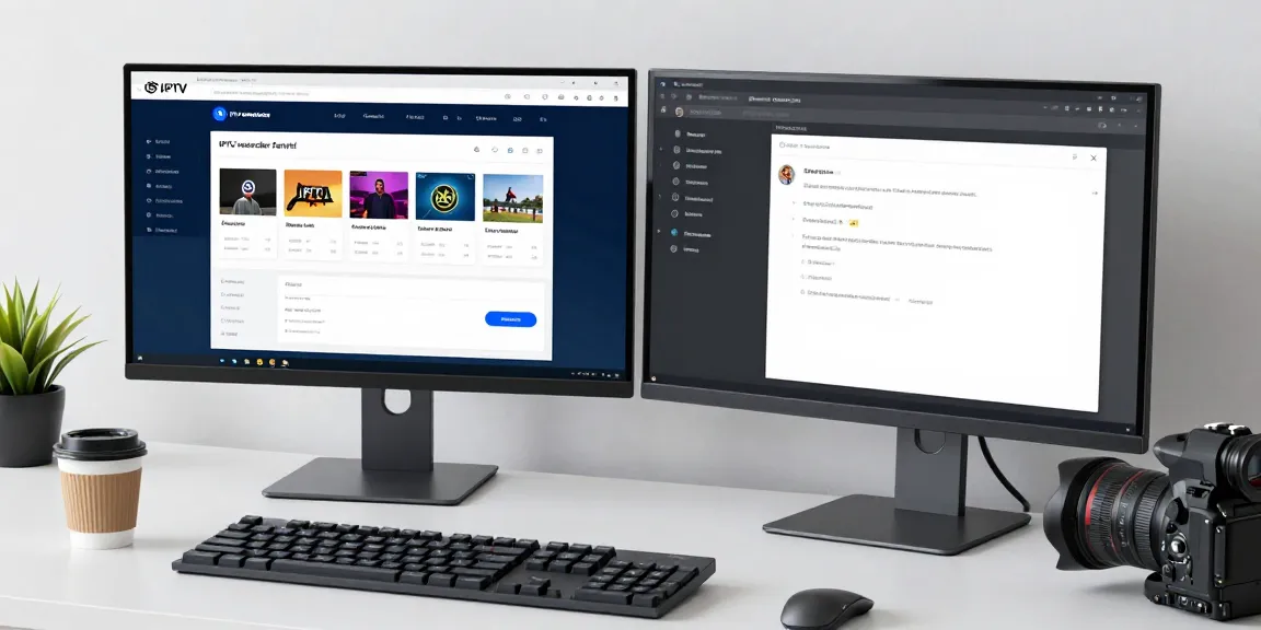 IPTV reseller panel dashboard showcasing subscription management and support, in a modern tech workspace.