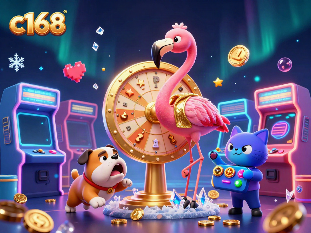 Spin to win with c168 as a flamingo host and bulldog contestant energize the casino scene.