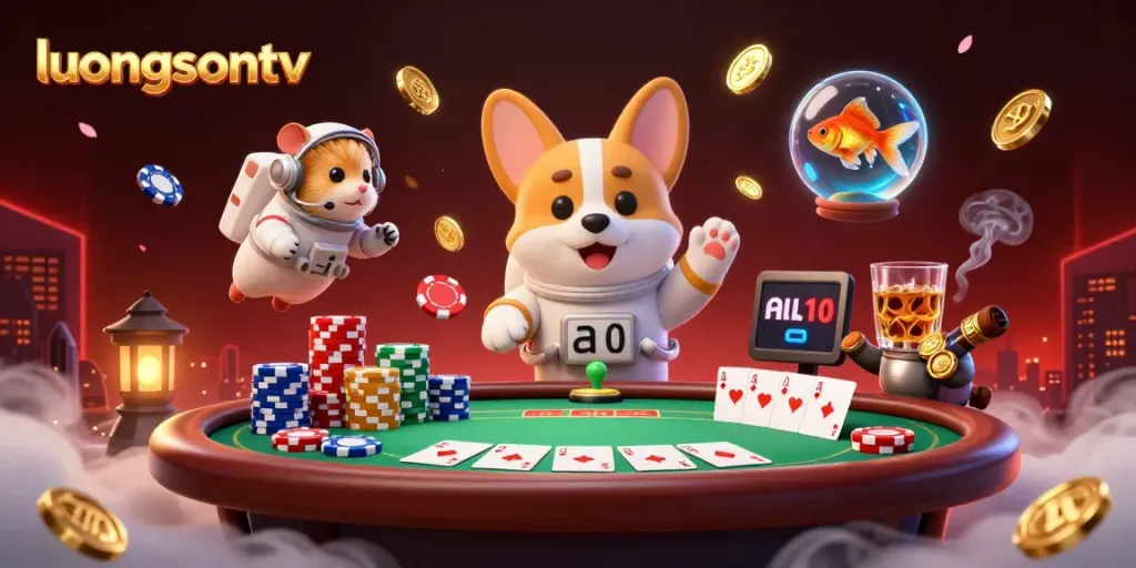 Engage with the dynamic universe of luongsontv, where a corgi astronaut navigates a vibrant casino amid floating poker elements.