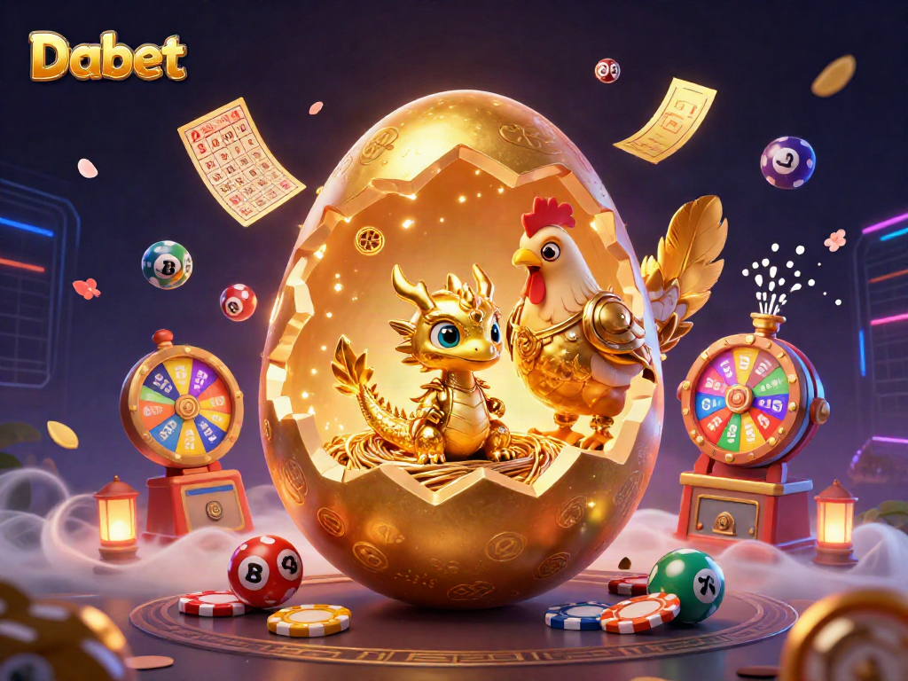 Dabet showcases a golden dragon amid vibrant gambling elements, creating an engaging casino atmosphere.
