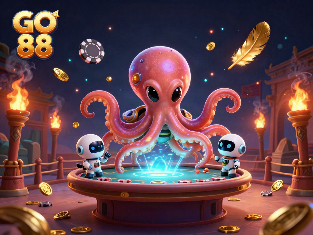 Experience exciting gameplay at GO 88 with a vibrant 3D illustration of an alien octopus dealing cards and chips