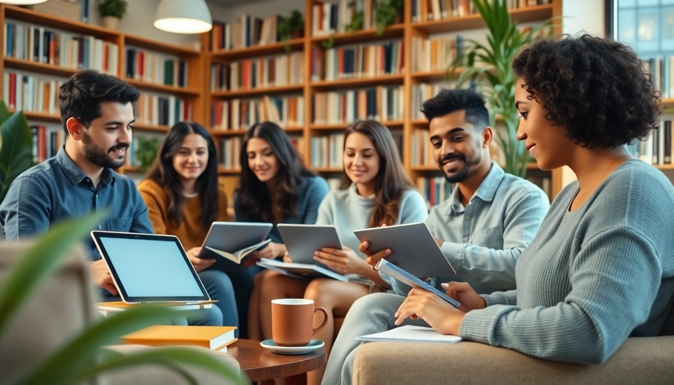 Collaborative students seeking online exams help in a cozy library environment.