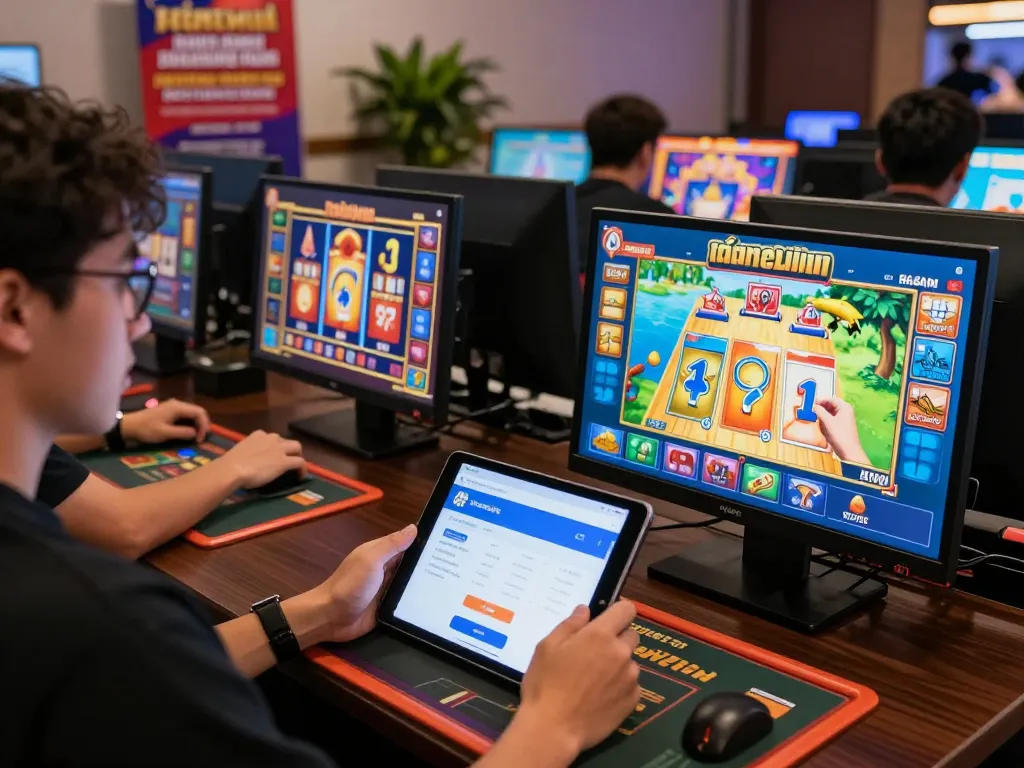 Engaging scene of players downloading tải sunwin app in a vibrant digital casino environment with lively game graphics.