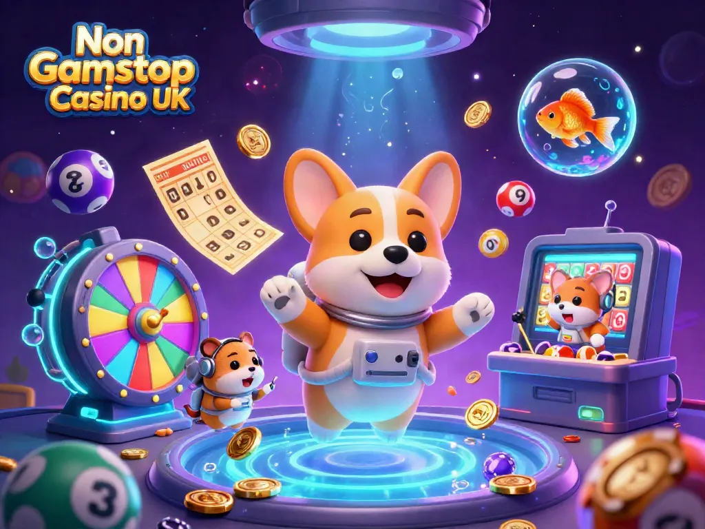 Engage with Non Gamstop Casino UK's vibrant 3D illustration featuring playful characters in a dynamic casino scene.