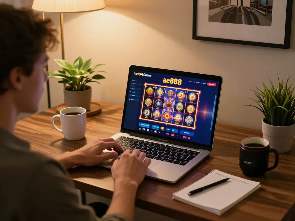 Engaging in online gaming at ae888, displaying vibrant slots and strategy notes in a cozy home setting.