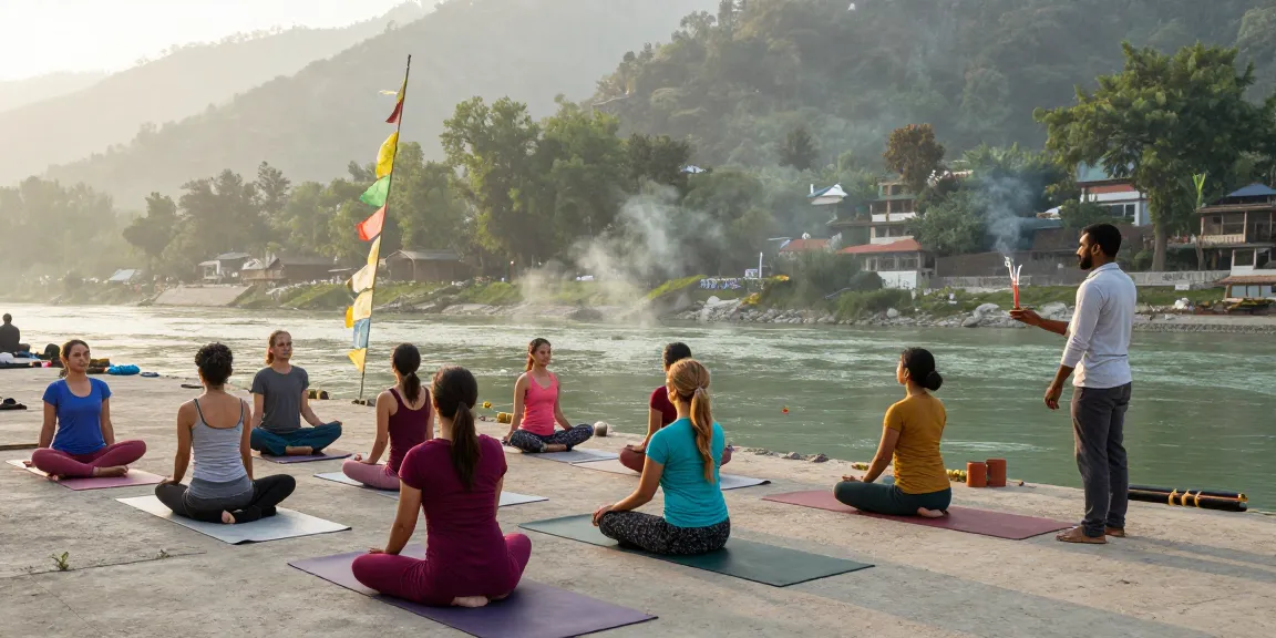 Yoga instructor certification Rishikesh India during sunrise practice by Ganga River.