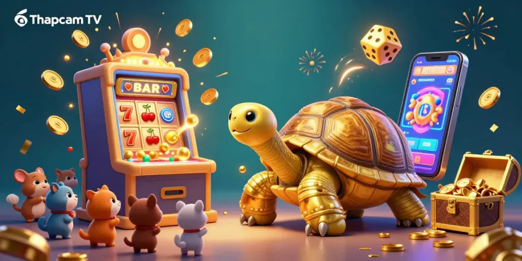 Engage with Thapcam TV's thrilling gaming journey, showcasing a vibrant slot machine and winning elements.