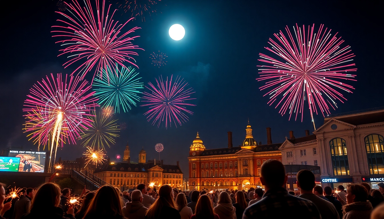 Buy fireworks Manchester displayed with vibrant bursts lighting up the night sky over the city.
