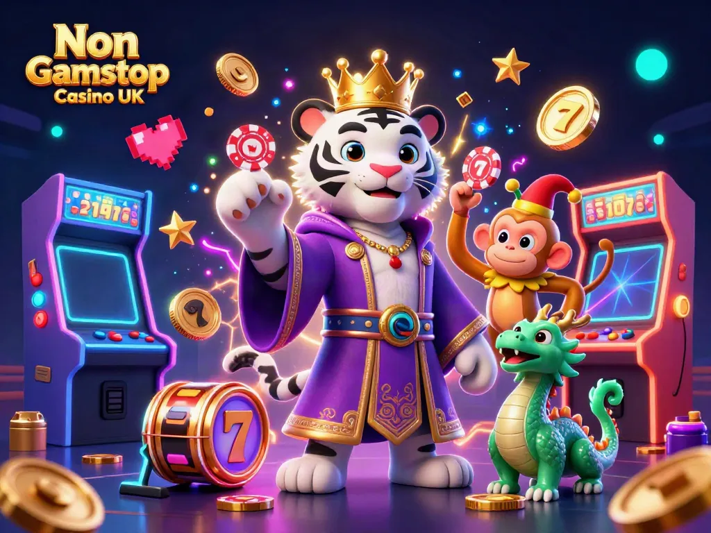 Experience the thrill of gaming at Non Gamstop Casino UK with animated characters and vibrant casino elements.
