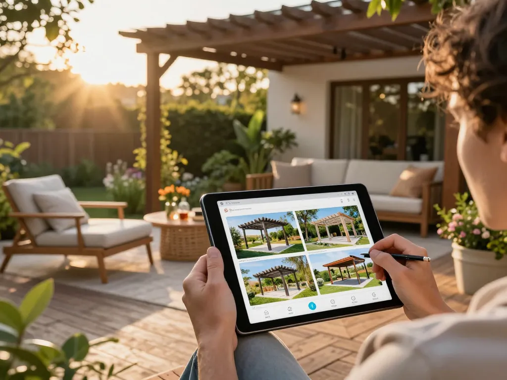 Person using the pergola configurator app to design a personalized outdoor space with plants and furniture.