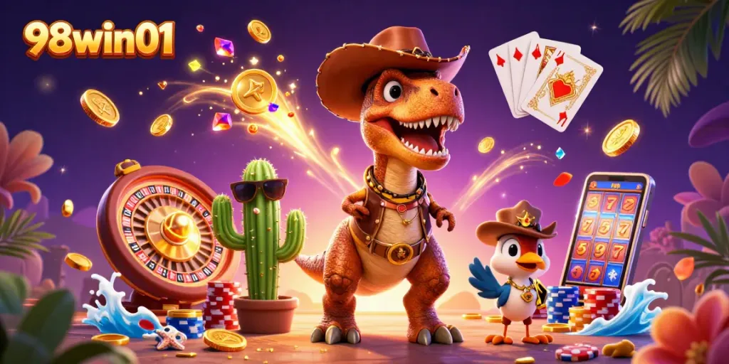 Win big at 98win01 with a vibrant 3D casino scene featuring a T-Rex and treasures.