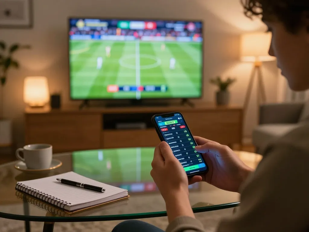 A person engaging in sports betting while checking ty le keo nha cai using a smartphone in a cozy living space.