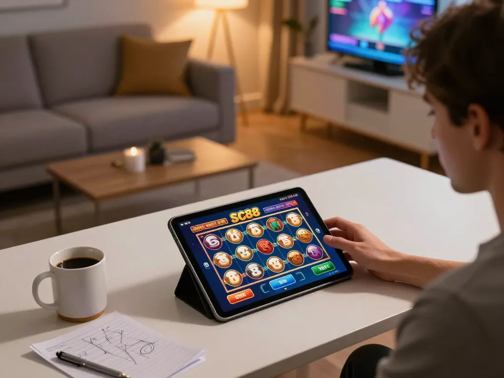 Engaging with SC88-themed slots game on tablet at home for an exciting online gambling experience