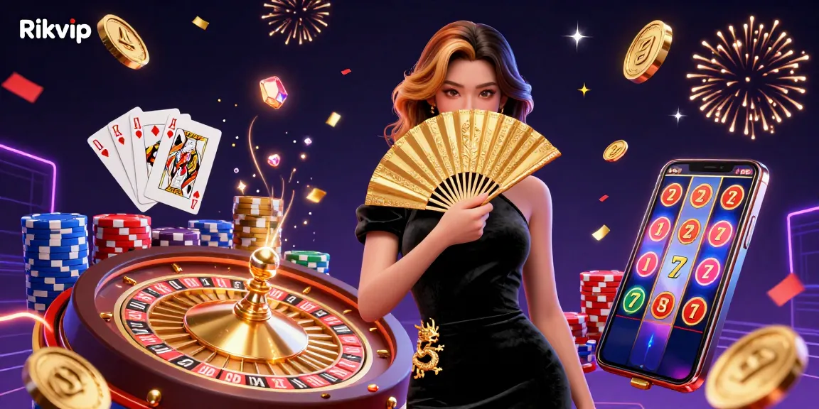 Experience the excitement of Rikvip as golden coins and colorful poker chips create a vibrant casino atmosphere.