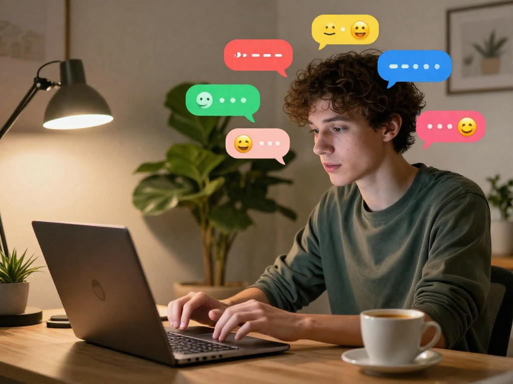 Engaging spicychat conversation in a cozy home office with vibrant emojis and warm lighting.