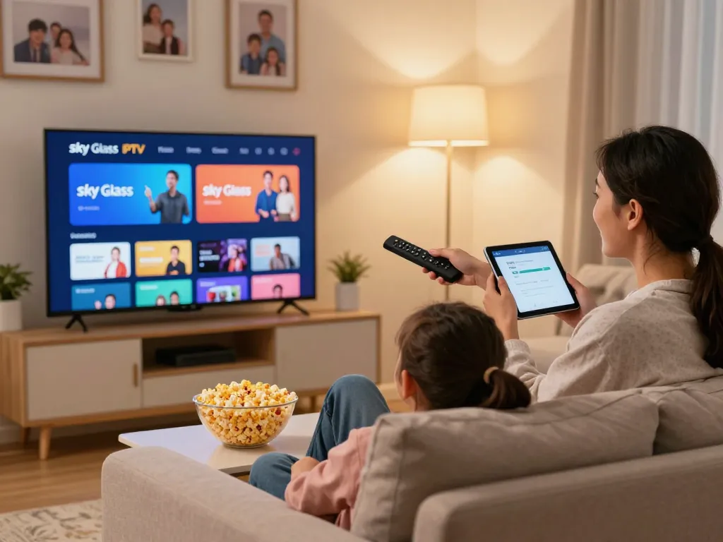 Sky Glass IPTV installation Guide demonstrated by a family enjoying streaming content in a cozy living room.