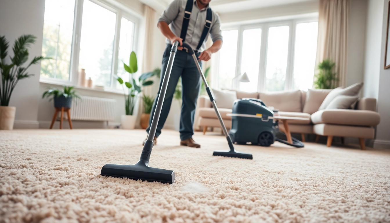 Professional carpet cleaning technician effectively cleaning a plush carpet in a sun-lit living room.