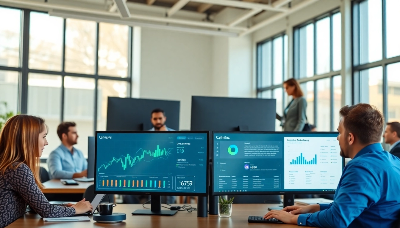View of call centre software in action, showcasing a collaborative team and data analytics.