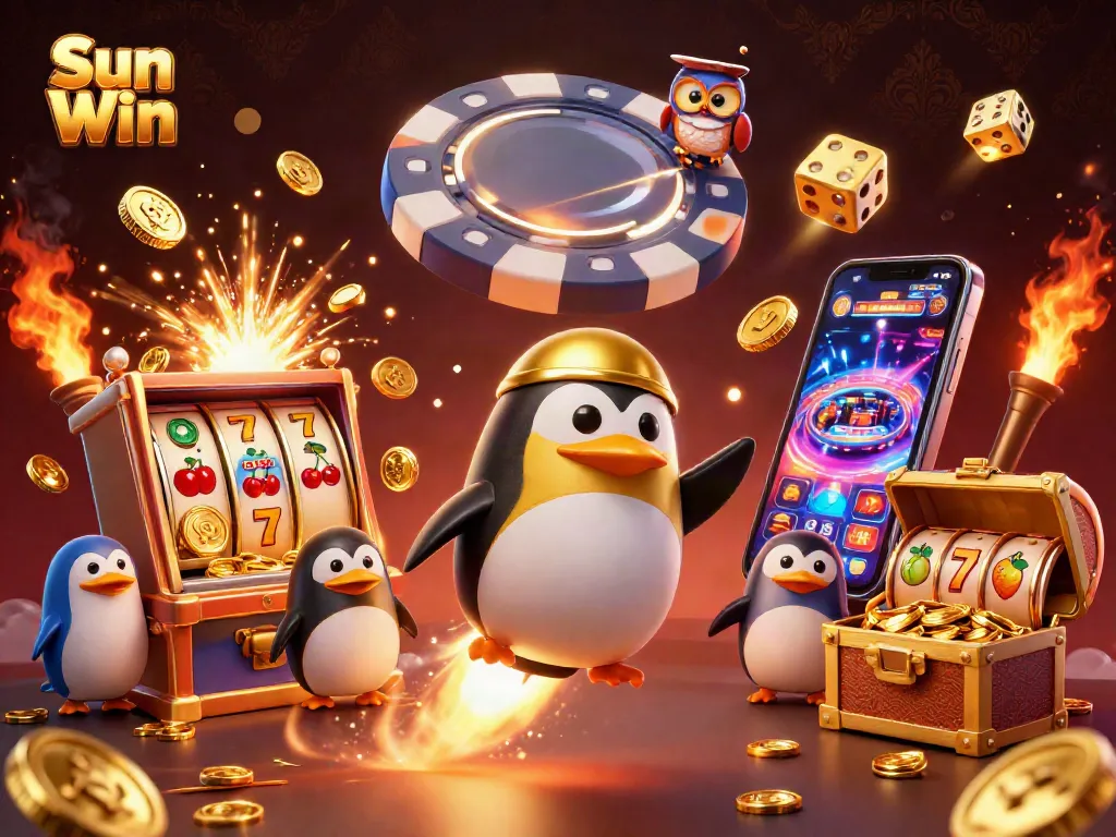 Win big with Sun Win at a lively casino scene depicting a golden penguin and jackpot action.