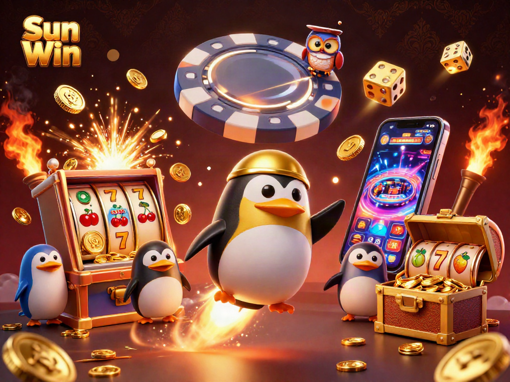 Win big with Sun Win at a lively casino scene depicting a golden penguin and jackpot action.