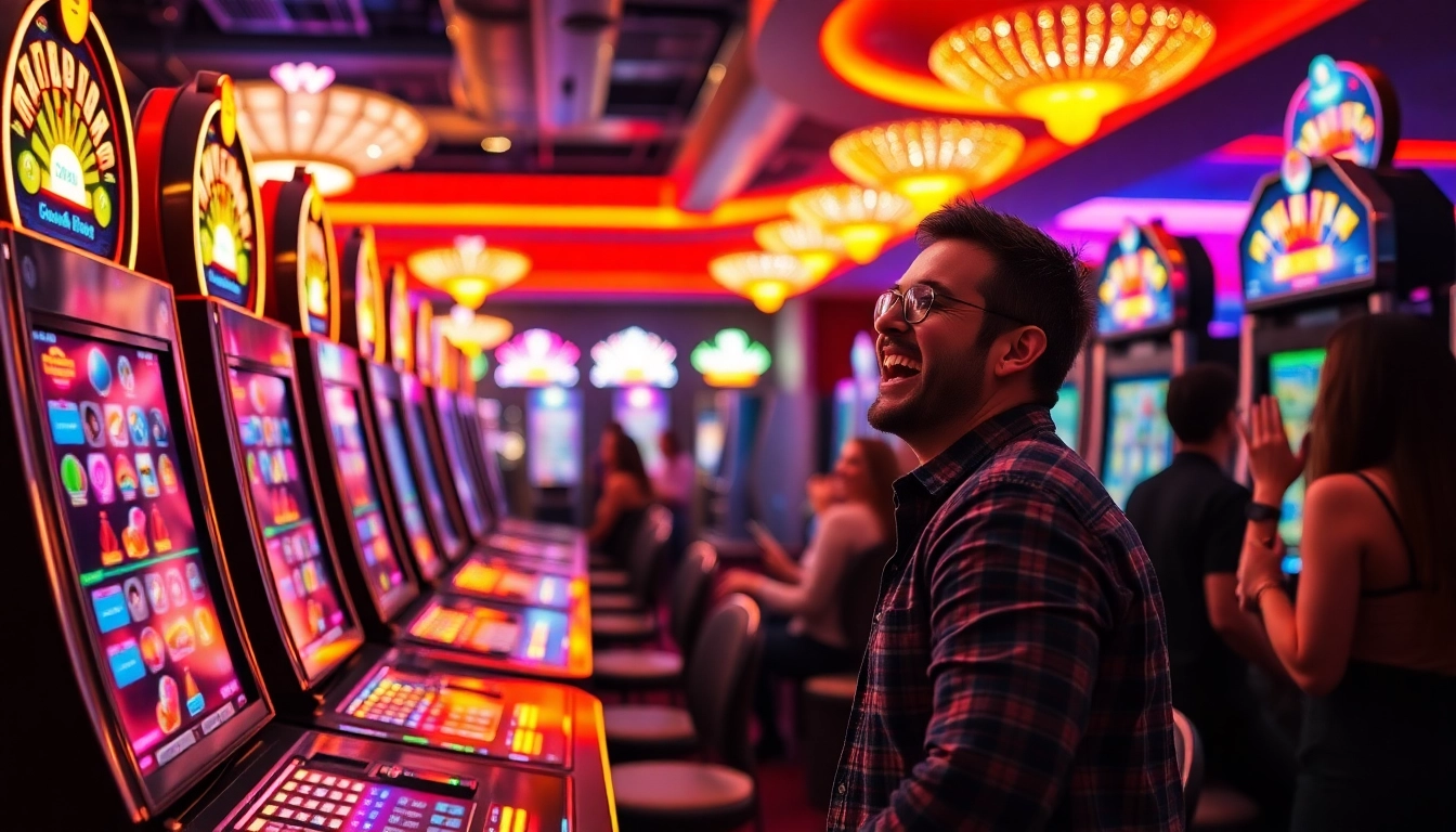 Slot gacor hari ini, pemain merayakan kemenangan besar di kasino dengan mesin slot berkilau.