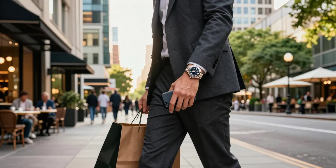 Stylish individual wearing a rolex replica watch walking in a luxury urban setting, showcasing modern lifestyle.