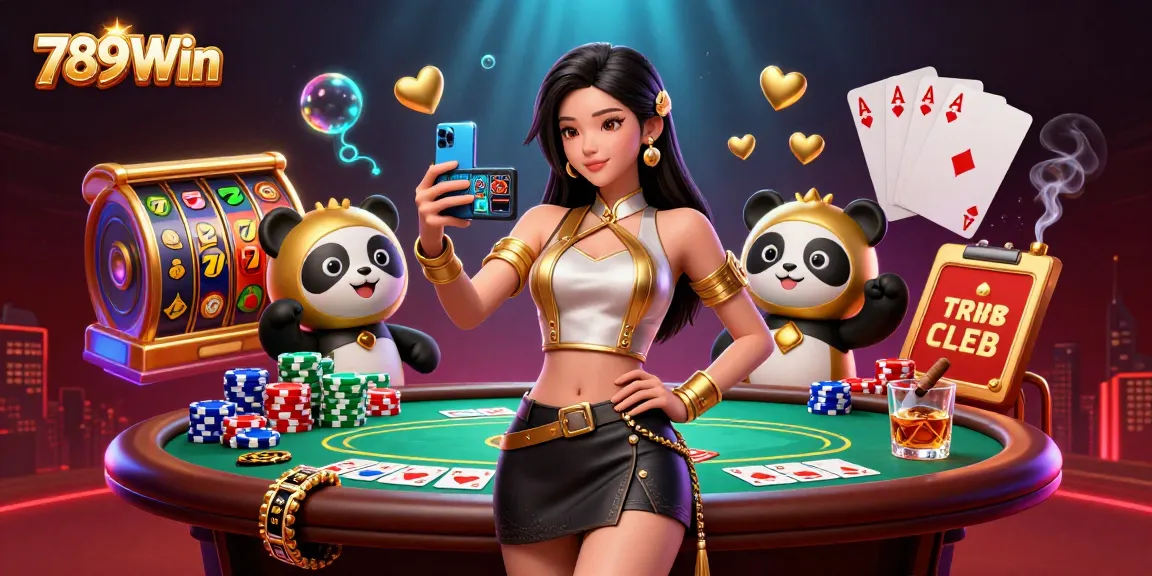Experience thrilling gaming with 789Win featuring a woman and panda in a vibrant casino scene.