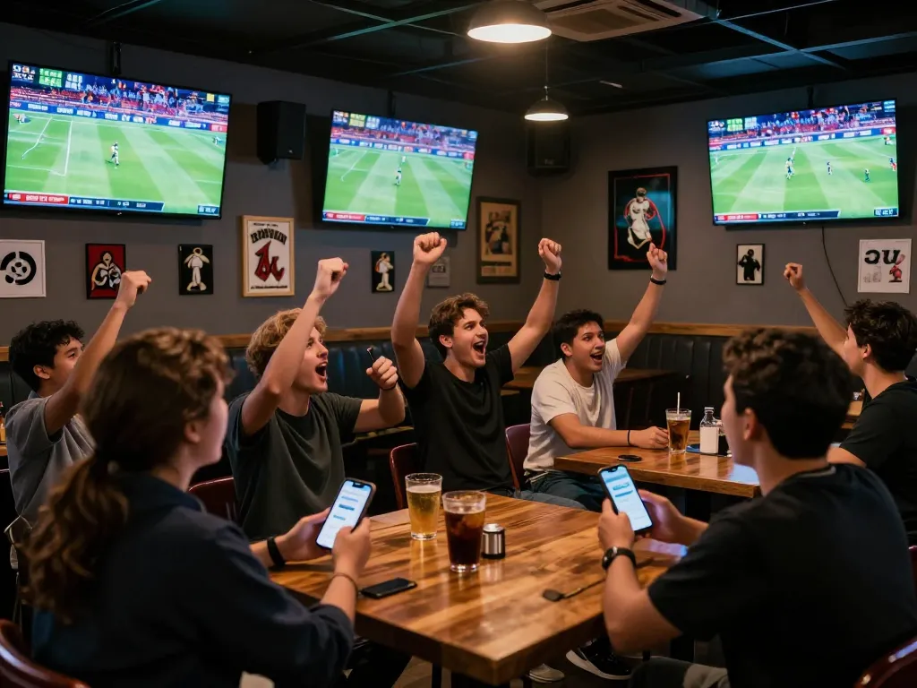 Cakhiatv users celebrating sports victories while checking live scores in a lively sports bar.