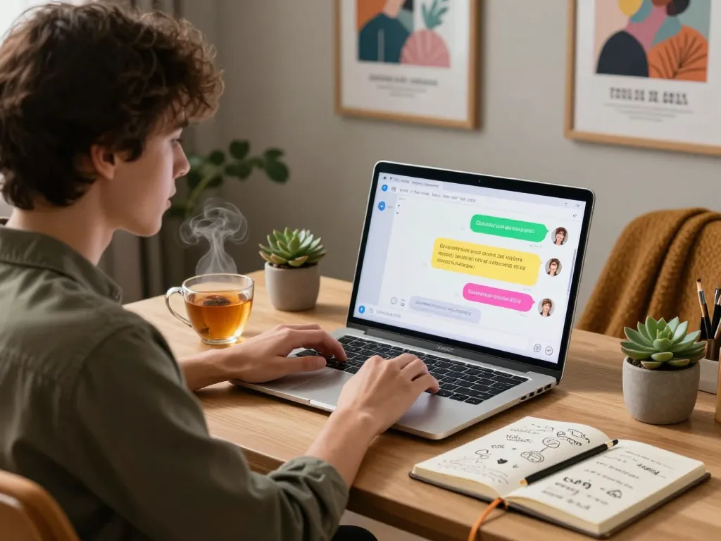 Engaging in NSFW AI chat on a laptop in a cozy home office with ambient lighting.
