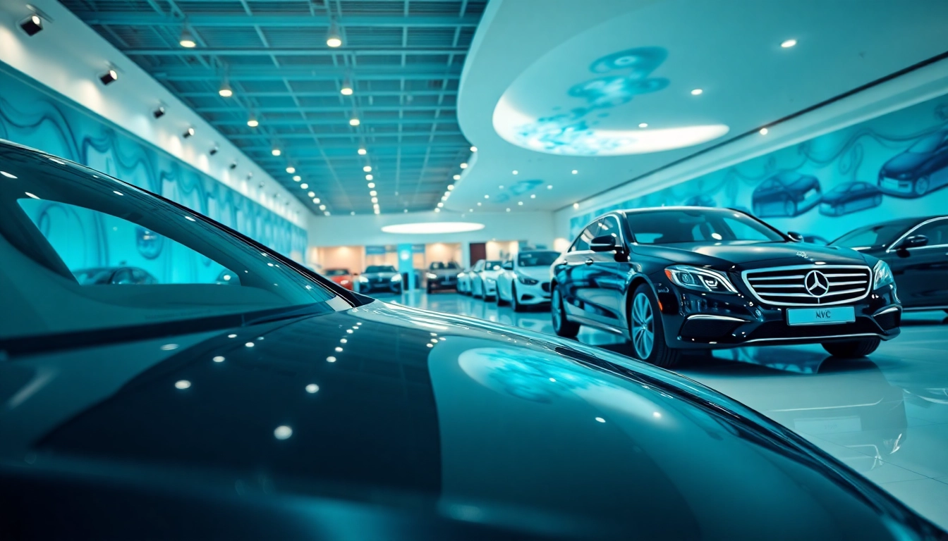 Luxury vehicles displayed in a Virginia water-themed car dealership showroom.