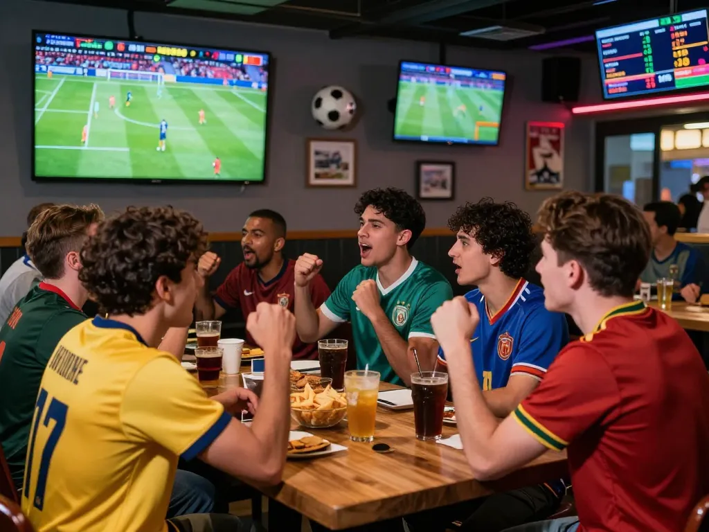 Exciting scene of friends enjoying football betting while watching live match in a sports bar, showcasing trang cá độ bóng đá atmosphere.
