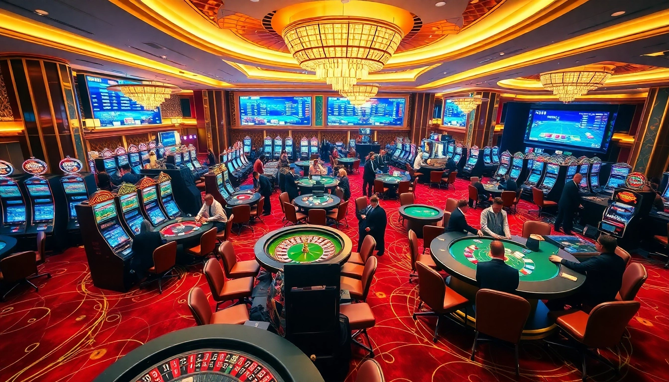Experience immersive gaming at OPEN88, featuring elegant casino tables and vibrant slot machines.