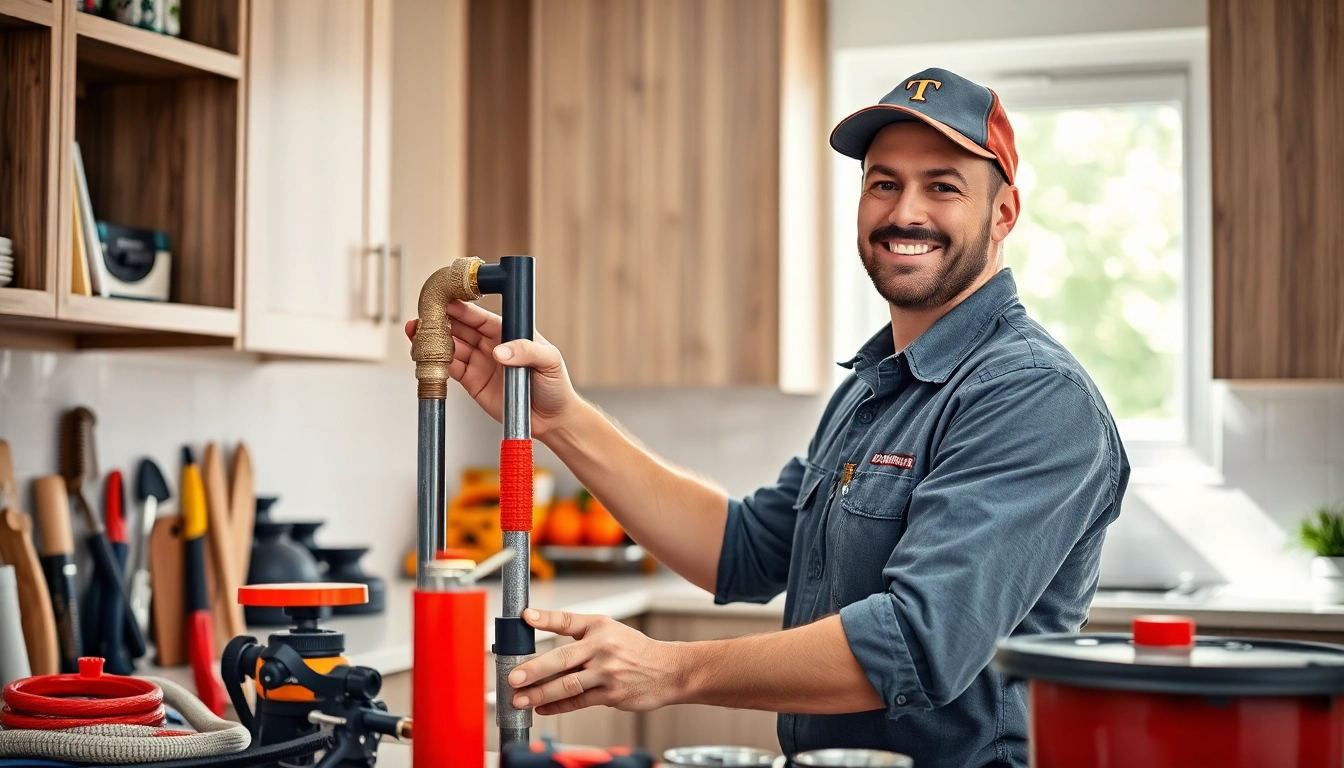 Find a qualified plumber near me fixing plumbing issues in a bright kitchen.