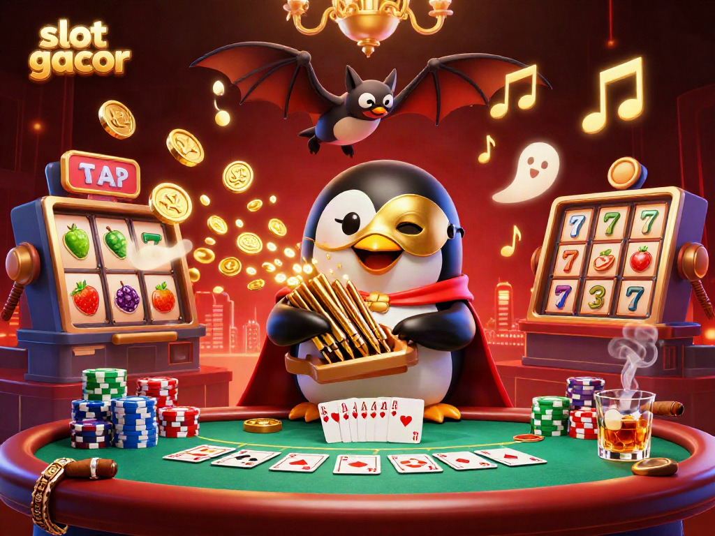 Engage with the vibrant slot gacor scene of a penguin playing a golden pipe organ amidst a lively casino atmosphere.