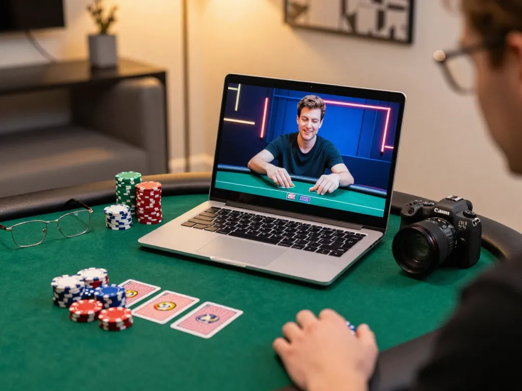 Kubet player engaging in an online poker game with chips and cards in a modern gaming setup.