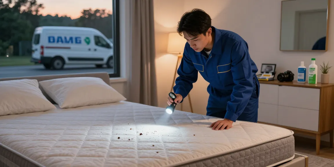 Expert inspecting mattress for signs of bed bugs during bed bug heat treatment.