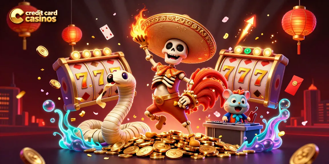 Celebrate wins at credit card casinos with a fiesta of fun characters and vibrant casino elements.