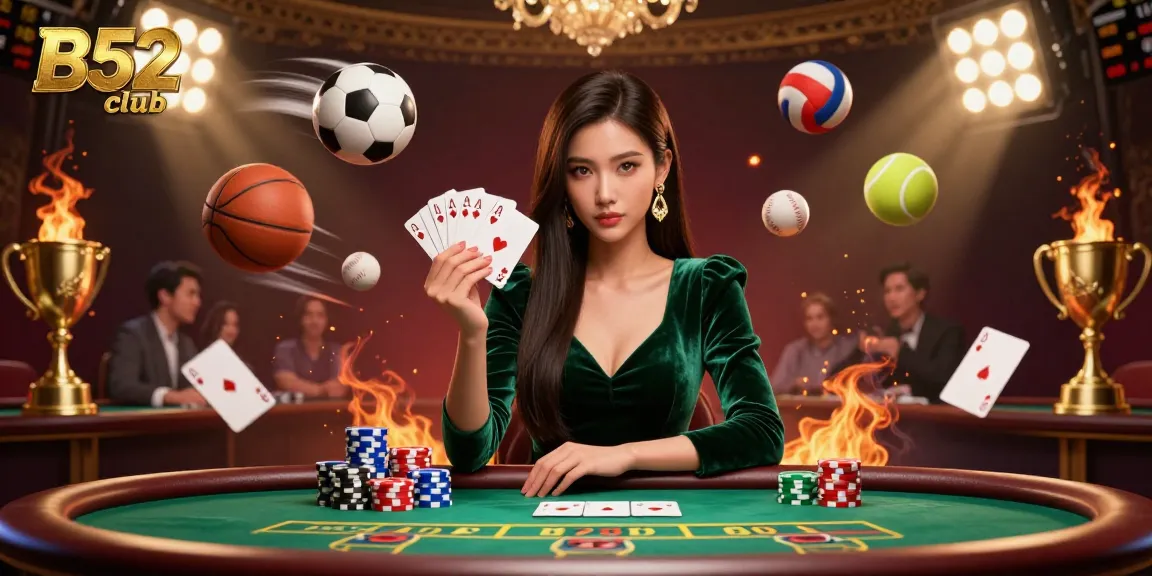 B52club showcases a vibrant casino scene with an elegant woman at a luxury poker table, illustrating thrilling gaming action.