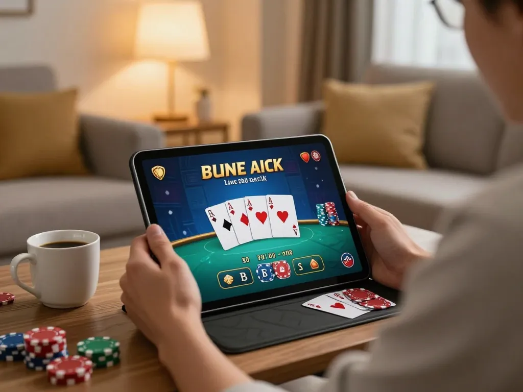 Engage with fly88 in a cozy online gaming scene featuring live casino gameplay on a tablet.