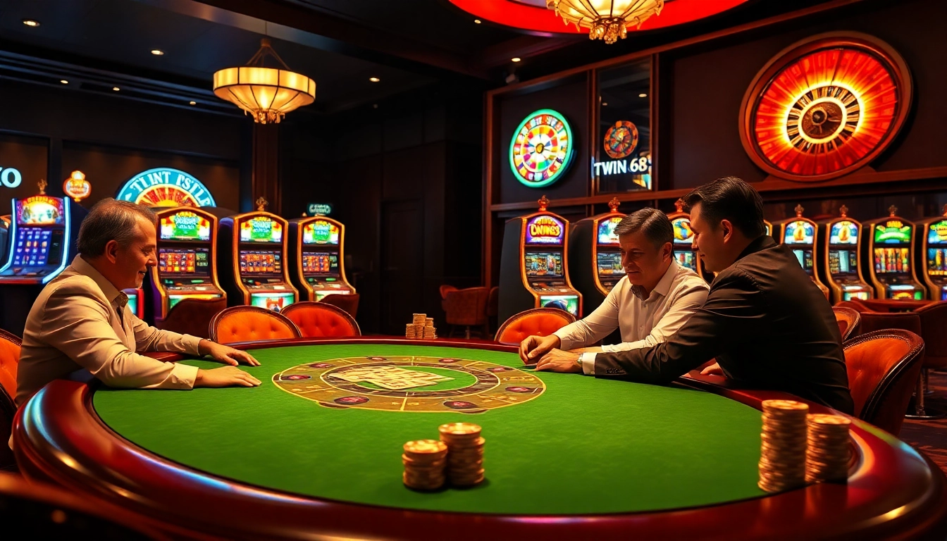 Engaging poker action at TWIN68 casino table with vibrant colors and warm lighting.