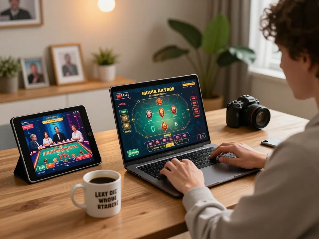 Engaged player using SHBET .COM laptop for a dynamic online casino gaming experience.
