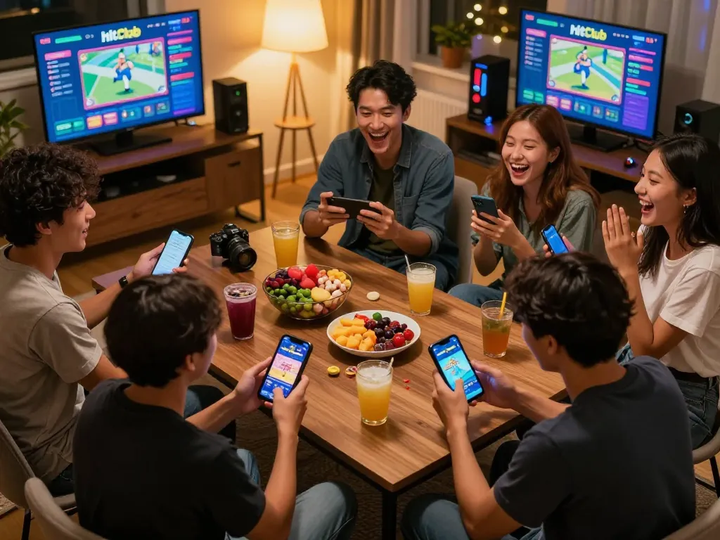 Engaging friends playing HitClub chính hãng game online during game night at home.