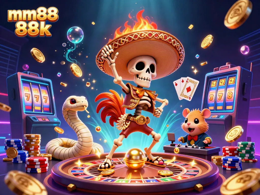 Experience the excitement of mm88 88k with a vivid 3D illustration of gambling icons and characters.