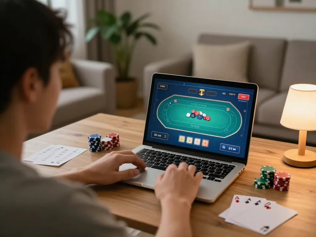 Player engages strategically on 789beta2 for poker, showcasing a cozy gaming setup with chips and notes.