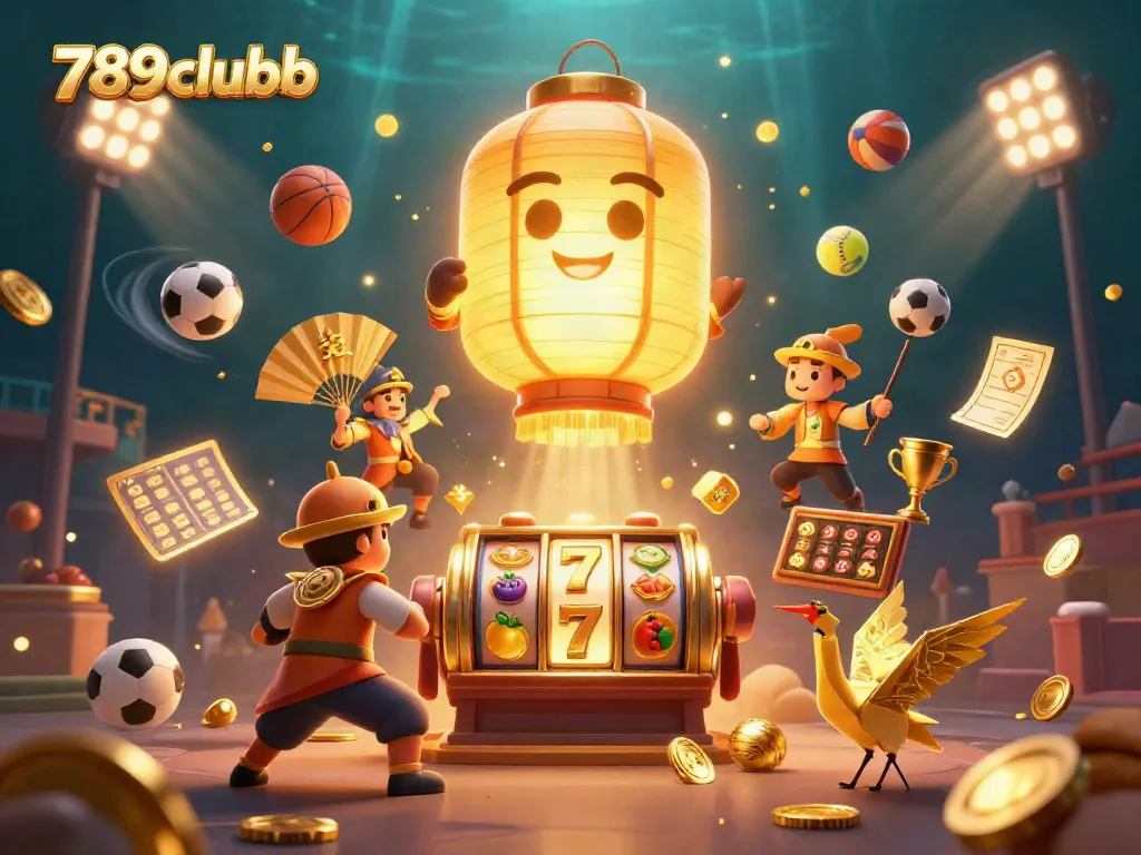 Engage with the vibrant world of 789clubb through a dynamic casino scene featuring golden lanterns and gaming elements.