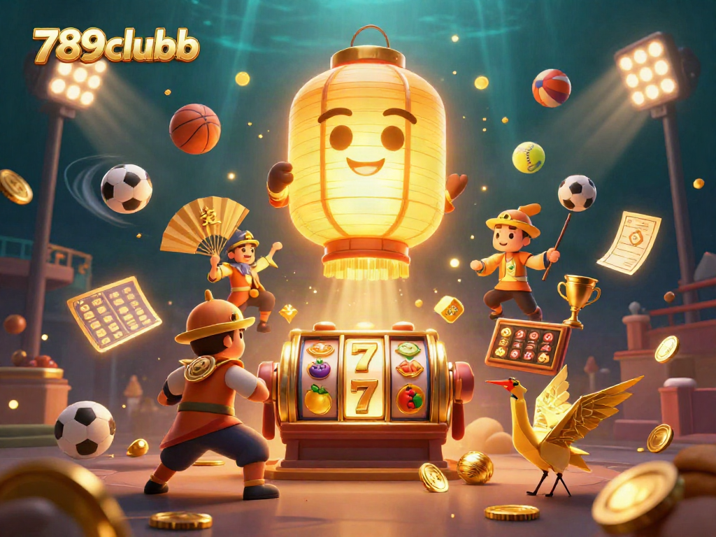 Engage with the vibrant world of 789clubb through a dynamic casino scene featuring golden lanterns and gaming elements.
