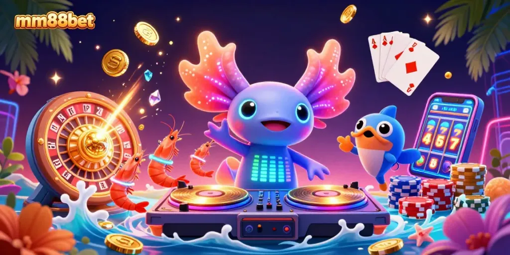 Experience excitement at mm88bet with a neon axolotl DJ amidst vibrant casino games.