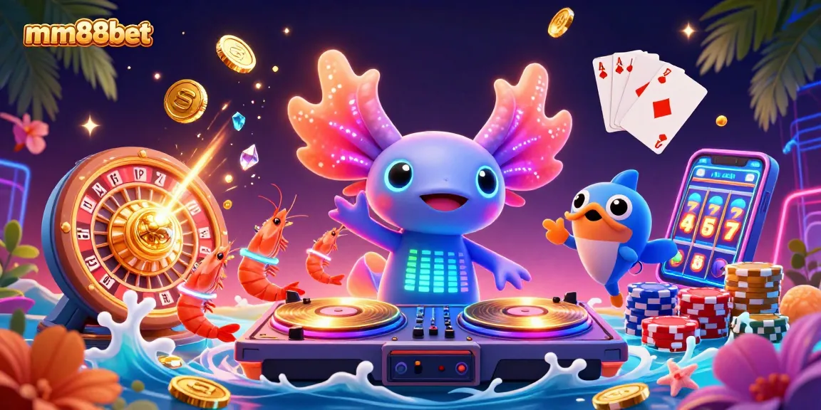 Experience excitement at mm88bet with a neon axolotl DJ amidst vibrant casino games.