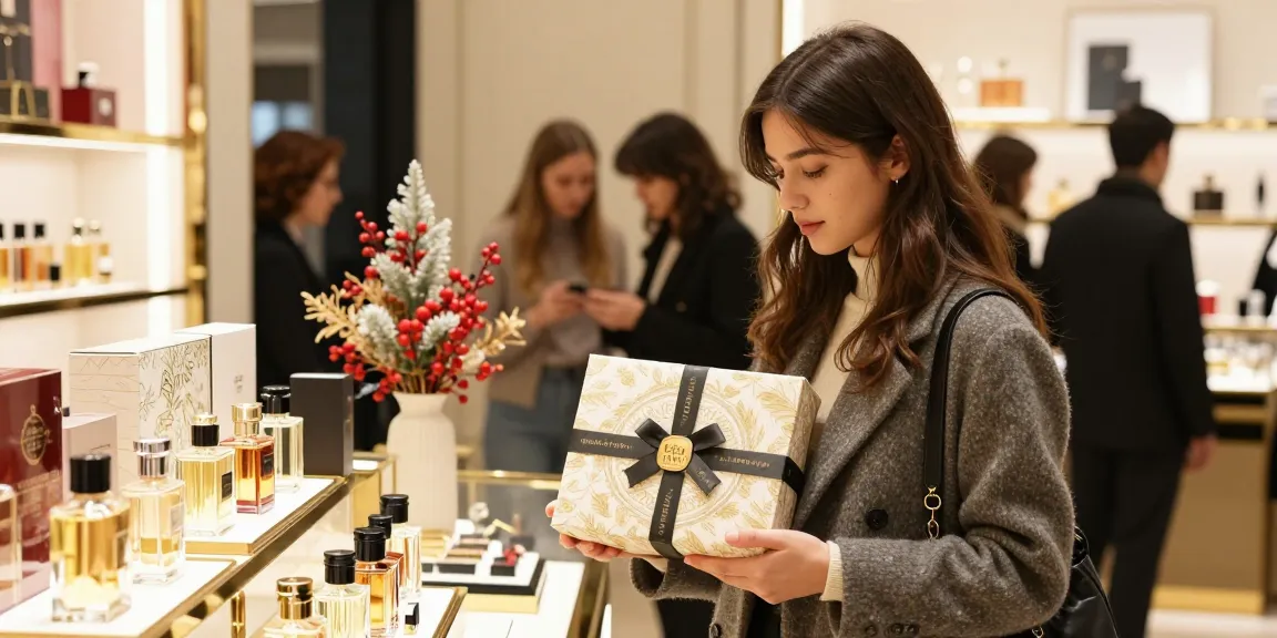 Stylish woman with a Perfume Gift Set in an elegant boutique, showcasing luxury fragrances.
